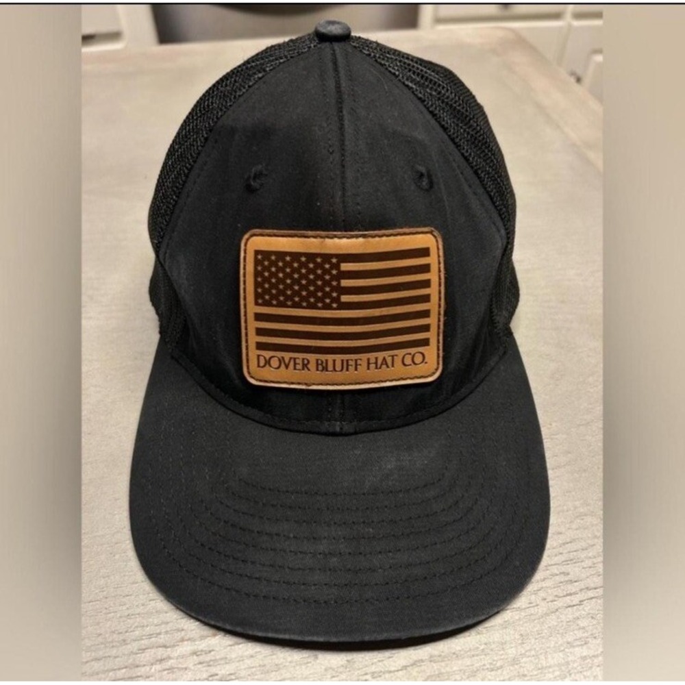 Dover Bluff Baseball Cap Black/Brown Leather Patch Adjustable‎ Trucker  Hat